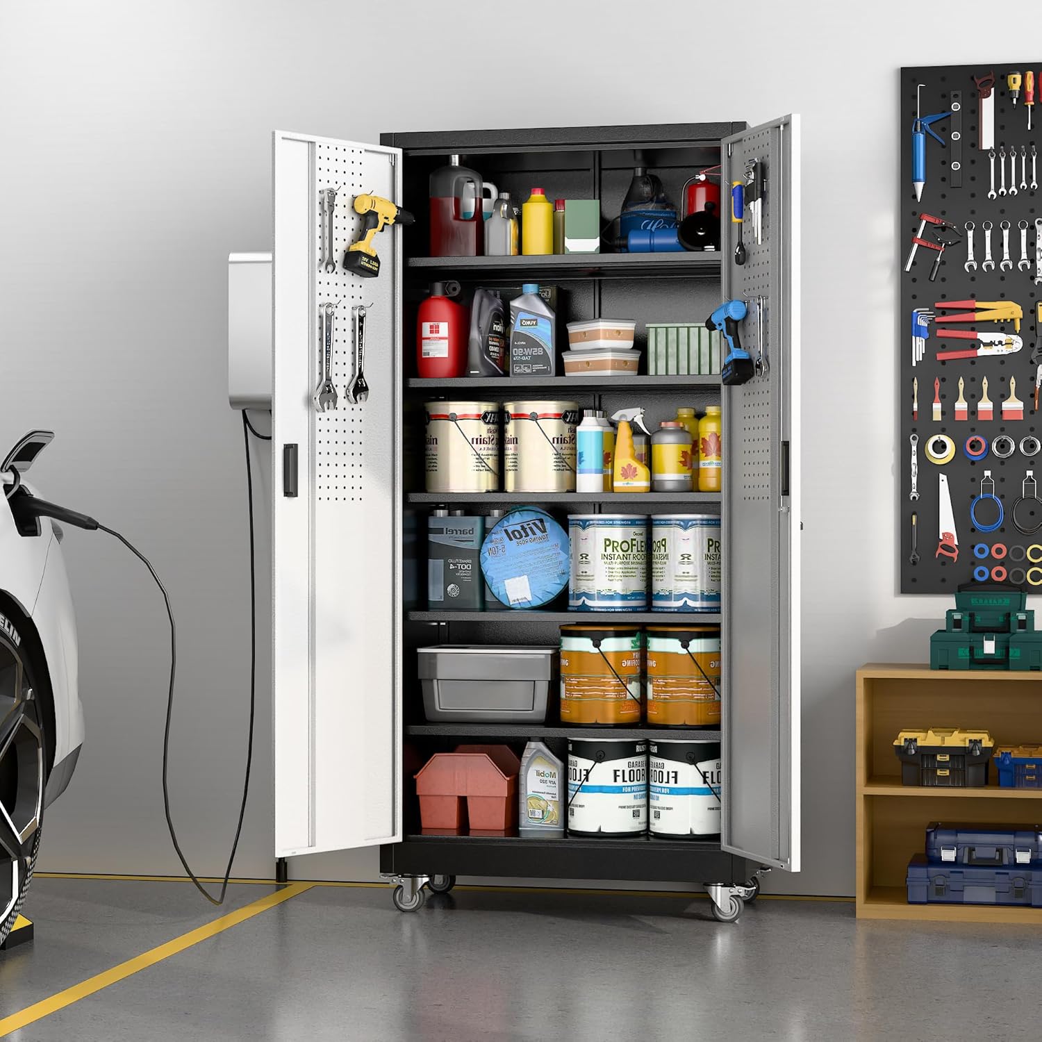 Aobabo Upgrade Metal Garage Storage Cabinet With Wheels And Pegboards, 5 Adjustable Shelves Steel Storage Cabinets For Home,Warehouse,Garage,Assembly Required,Black And Sliver