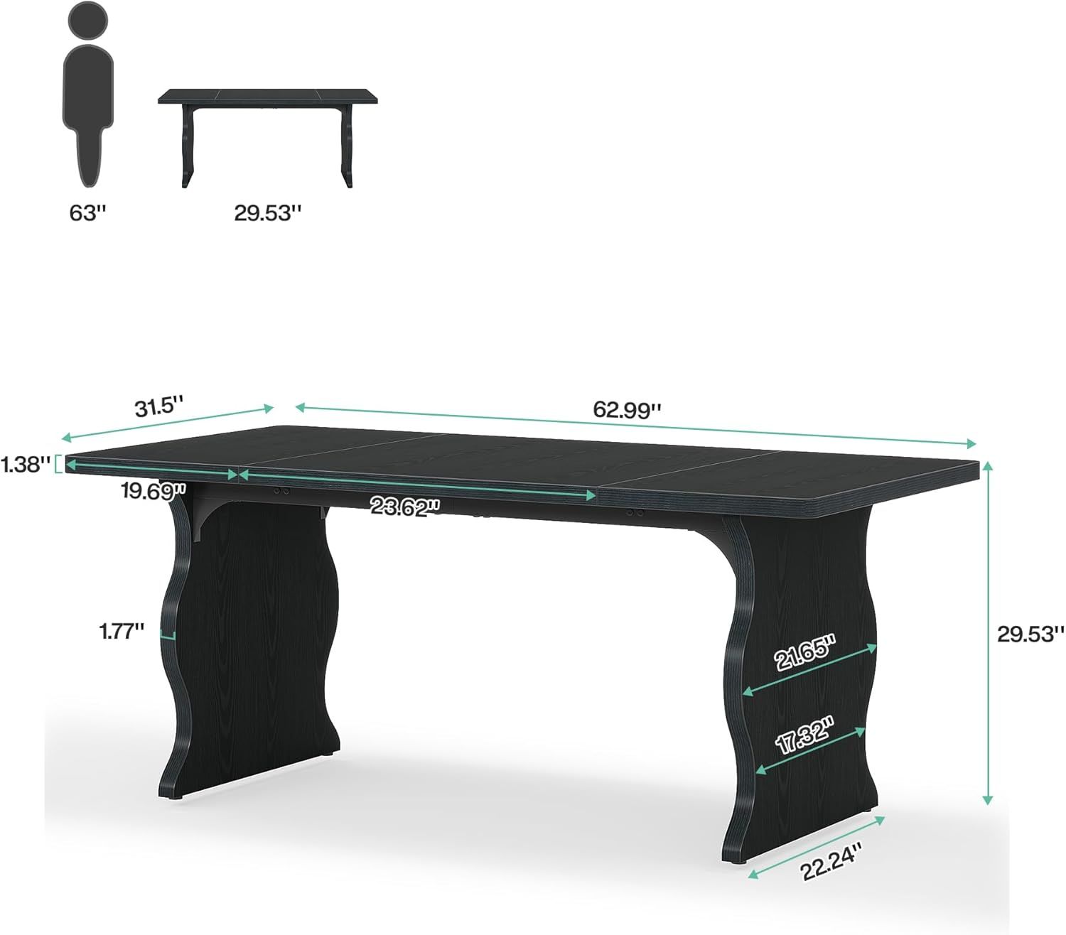 Black Dining Table For 4-6, 63-Inch Rectangular Modern Kitchen Table