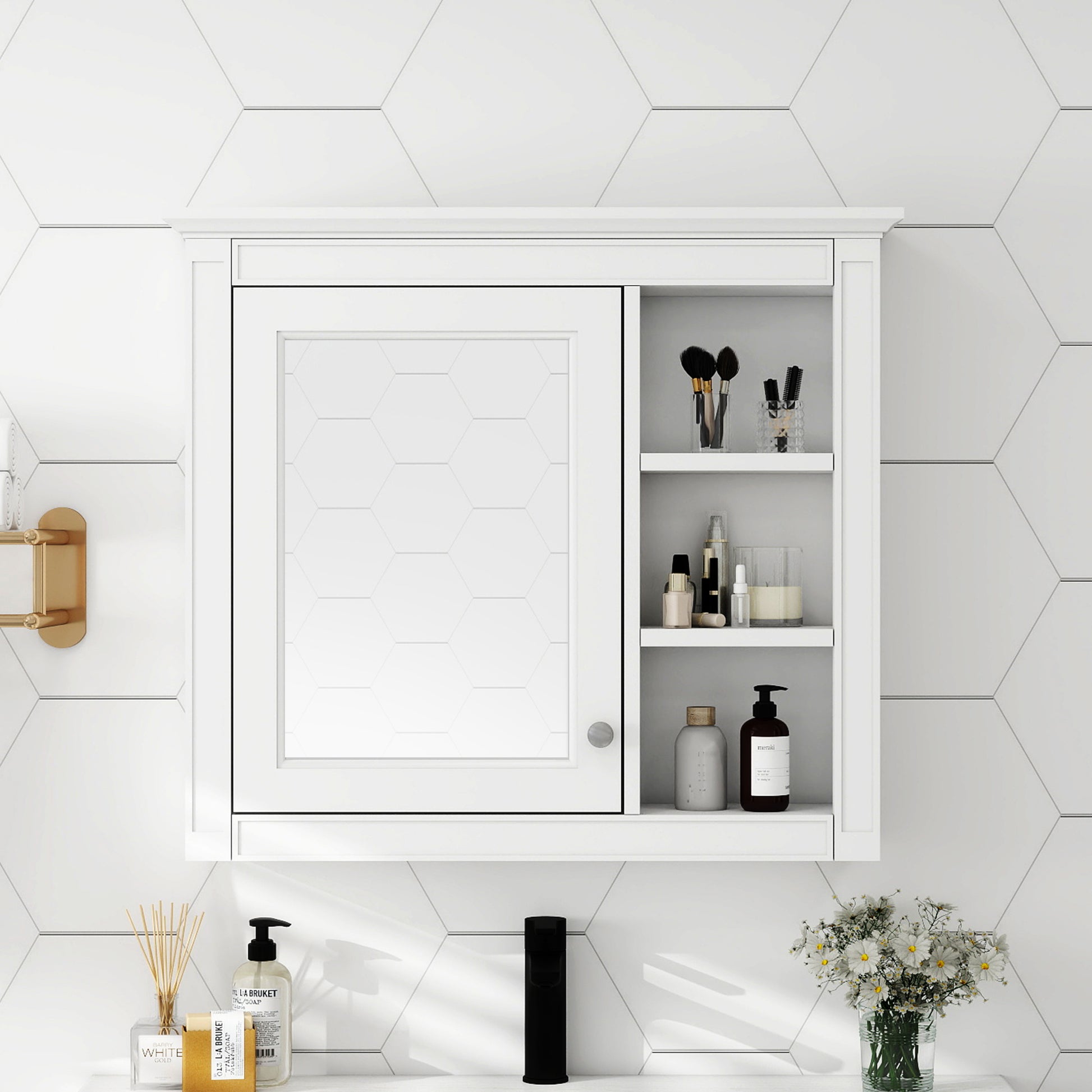 30 X 28 Medicine Cabinet, Wall Mounted Bathroom Storage Cabinet, Modern Bathroom Wall Cabinet With Mirror,Medicine Cabinet,  Mirror Cabinet With 3 Open Shelves Not Include Bathroom Vanity