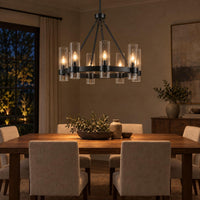 Teramo Black Wagon Wheel Chandelier, 26 Inch round Dining Room Light, Clear