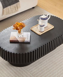 43.70 Inch Modern Handcraft Drum Coffee Table Oval Coffee Table For Living Room,Small Wooden Coffee Table With Sturdy Pedestal For Office,Black