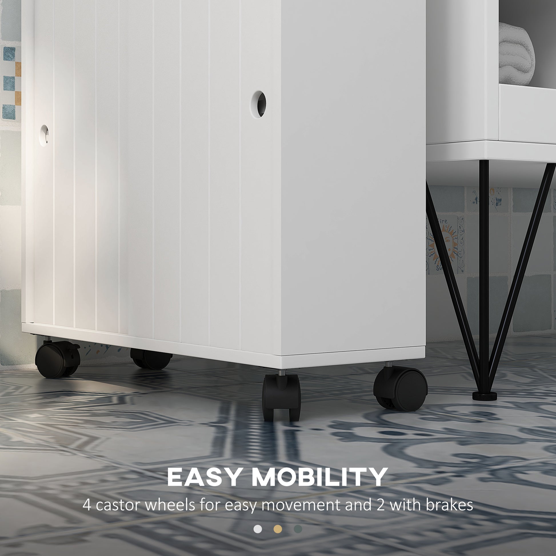 Toilet Paper Cabinet, Slim Bathroom Cabinet with 4 Rolling Wheels, Small Bathroom Storage Cabinet with Paper Holes, Sliding Doors and Adjustable Shelf for Small Space, White