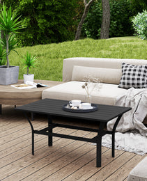 Outdoor Coffee Table with Slatted Tabletop, All-Weather Rectangle Metal Patio Coffee Table for Garden, Black