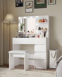 Vanity, Makeup Vanity Desk Set With Mirror  Light, Dressing Table Storage Lots With Power Strip, 3 Lighting Modes With Adjustable Brightness, 37 Inches White With Stool - CJDS