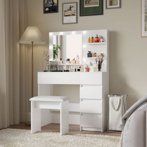 Vanity, Makeup Vanity Desk Set With Mirror  Light, Dressing Table Storage Lots With Power Strip, 3 Lighting Modes With Adjustable Brightness, 37 Inches White With Stool - CJDS