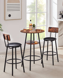 Round Bar Stool Set With Shelf, Upholstered Stool With Backrest, Rustic Brown, 23.62  W X 23.62  D X 35.43  H