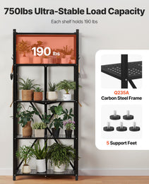 5-Tier Foldable Storage Shelf, 28W X 13D X 66H Inch Folding Metal Rack Shelving Unit, No Assembly Organizer Shelf With 5 Wheels & 4 Hooks For Pantry, Kitchen, Garage, Basement, Black