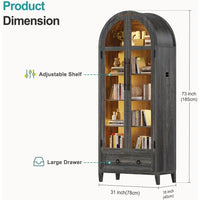 73 Arched Glass Display Cabinet with 4-Tier, Human Body Sensor, LED Lights for Collectibles, Adjustable Shelves, Brown