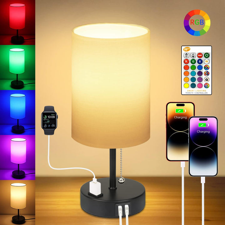 Bedside Table Lamps for Bedrooms Nightstand Lamp RGB Color Changing Bedside Lamp with 2 USB Charging Port and AC Outlet, 3 Way Dimmable Small Modern Lamp for Home Living Room Bedroom Party