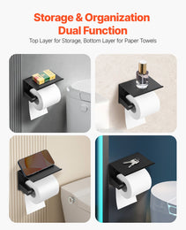 Toilet Paper Holder With Shelf, Fits Mega Rolls Size, Stainless Steel Rustproof Material, Wall Mounted With Screws And Double-Sided Tape, Toilet Roll Tissue Holder For Bathroom, Matte Black