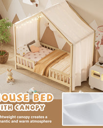 Montessori Floor Bed With Canopy, Twin Bed Frame For Kids, House Shape Kids Bed Frame With High Railings, Wood Kids Bed With Roof, Kid Twin Bed, Natural