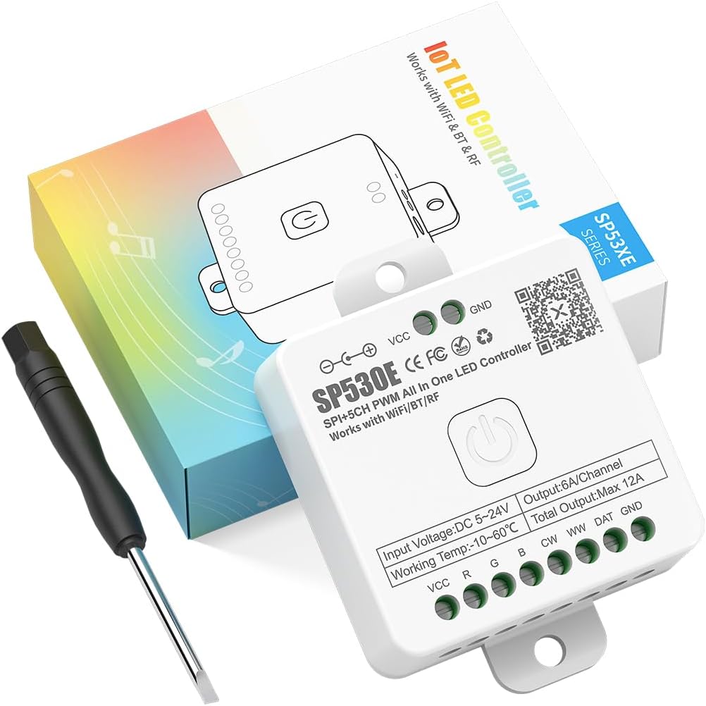 SP530E WiFi Bluetooth LED Controller 12-in-1 Smart Controller for All PWM & SPI LED Strips (WS2812B, CCT, RGB, RGBW, RGBCCT) Compatible Alexa, Google Home, BanlanX | Music Sync | DC5V-24V