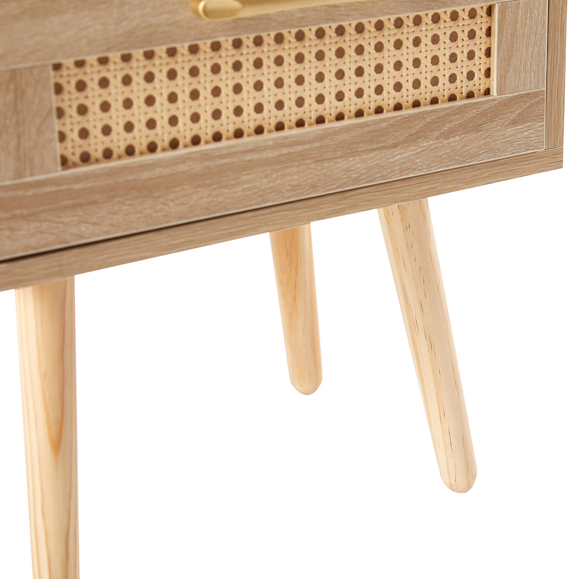 Rattan End Table With Drawer Solid Wood Legs Modern Nightstand Side Table