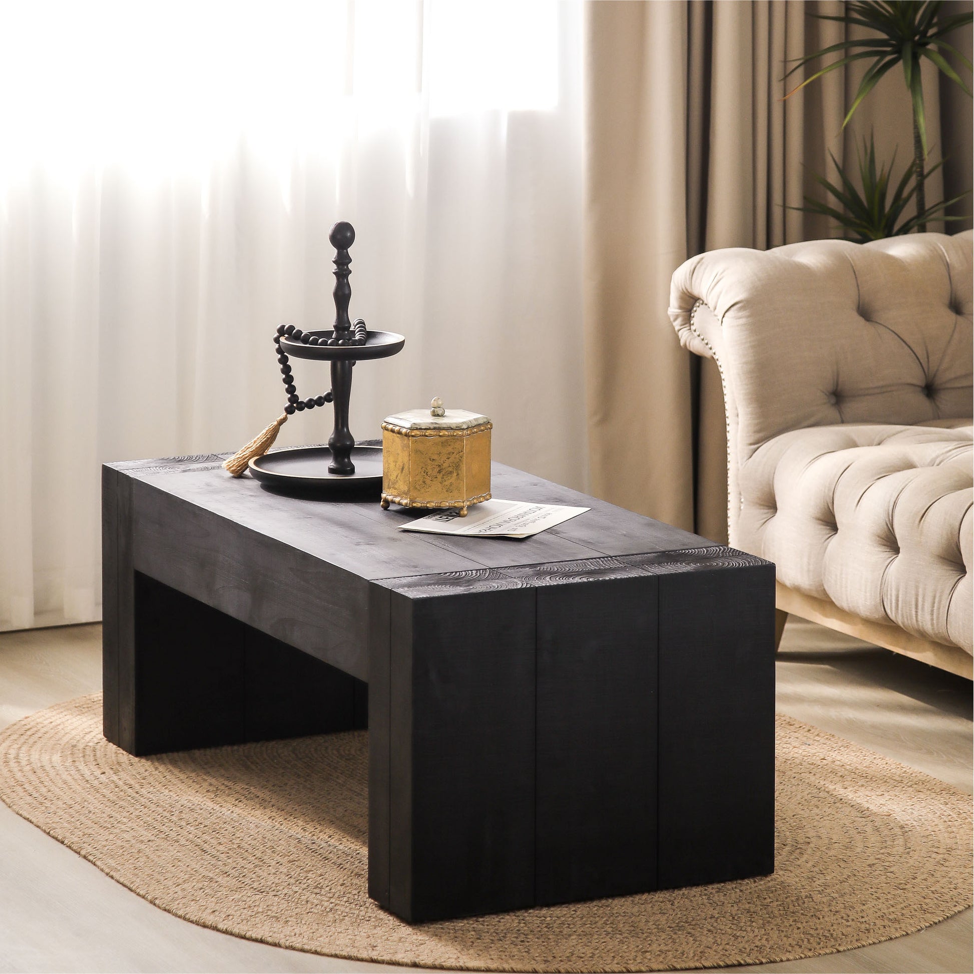 Modern Black Solid Wood Coffee Table, 49in Rectangular Coffee Table For Living Room, Farmhouse & Contemporary Decor
