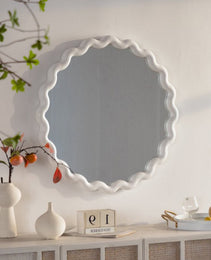 White Scalloped Round Wall Mirror, Wavy Frame For Living Room Bedroom Bathroom Decor