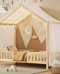 Montessori Floor Bed With Canopy, Twin Bed Frame For Kids, House Shape Kids Bed Frame With High Railings, Wood Kids Bed With Roof, Kid Twin Bed, Natural