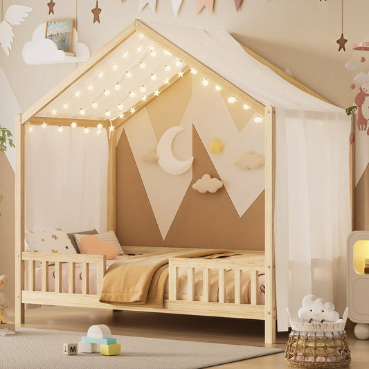 Montessori Floor Bed With Canopy, Twin Bed Frame For Kids, House Shape Kids Bed Frame With High Railings, Wood Kids Bed With Roof, Kid Twin Bed, Natural