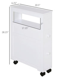 6.25" x 20.5" x 28.25" Wood Rolling Narrow Bathroom Side Storage Cabinet - White