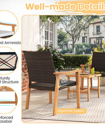 3 Pieces Patio PE Wicker Furniture Set Acacia Wood Outdoor Conversation Bistro Set