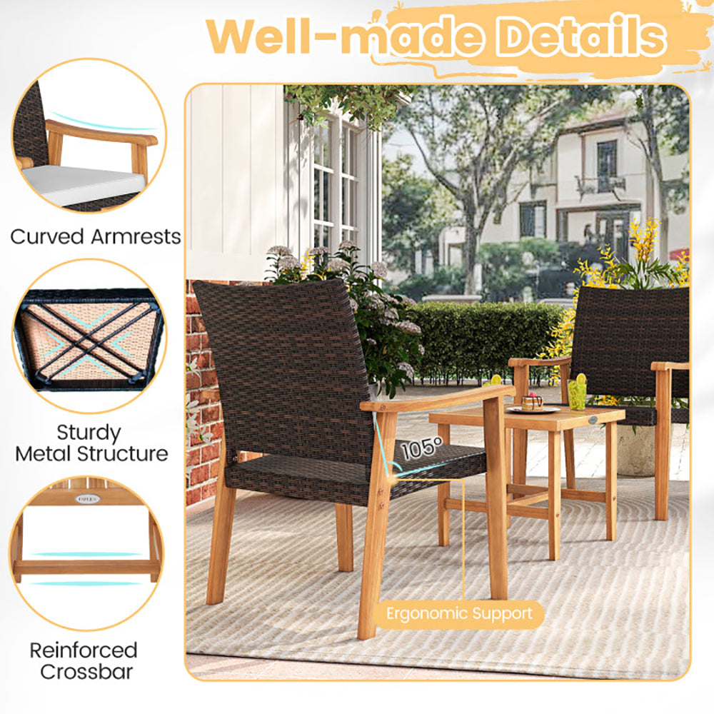 3 Pieces Patio PE Wicker Furniture Set Acacia Wood Outdoor Conversation Bistro Set