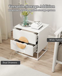 Modern Mid Century Fluted Nightstand With 2 Drawers And Pine Wood Handles For Bedroom