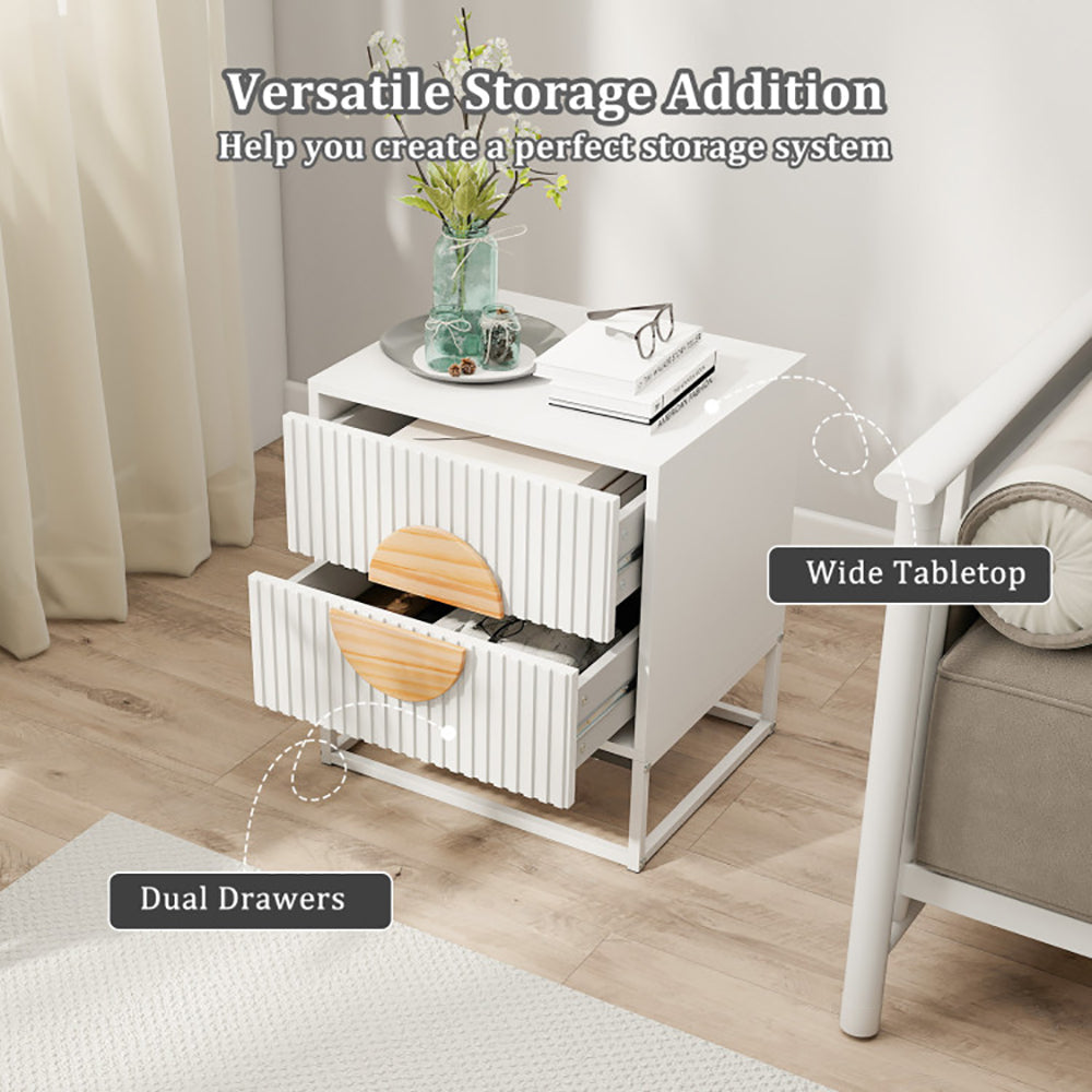 Modern Mid Century Fluted Nightstand With 2 Drawers And Pine Wood Handles For Bedroom