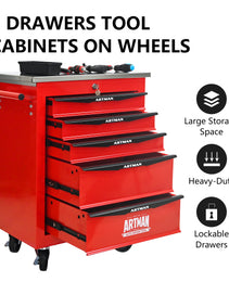 5 Drawers Multifunctional Tool Cart With Wheels,Metal Rolling Tool Cart Storage For Garage Workshop Warehouse Repair Shop--With Stainless Steel Roof--Red  Black