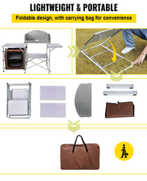 Camping Kitchen Table Picnic Cabinet Folding Cooking Storage Rack Portable Brown