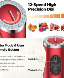 KOIOS 5-in-1 Hand Immersion Blender, 1000W 12 Speed Handheld Blender, Copper Motor Stainless Steel Blade Stick Blender,600ml Mixing Beaker,500ml Food Processor, Whisk, Milk Frother, BPA-Free, Red