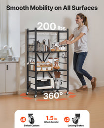 4-Tier Foldable Storage Shelf, 26W X 13D X 46H Inch Folding Metal Rack Shelving Unit, No Assembly Organizer Shelf With 5 Wheels & 4 Hooks For Pantry, Kitchen, Garage, Basement, Black