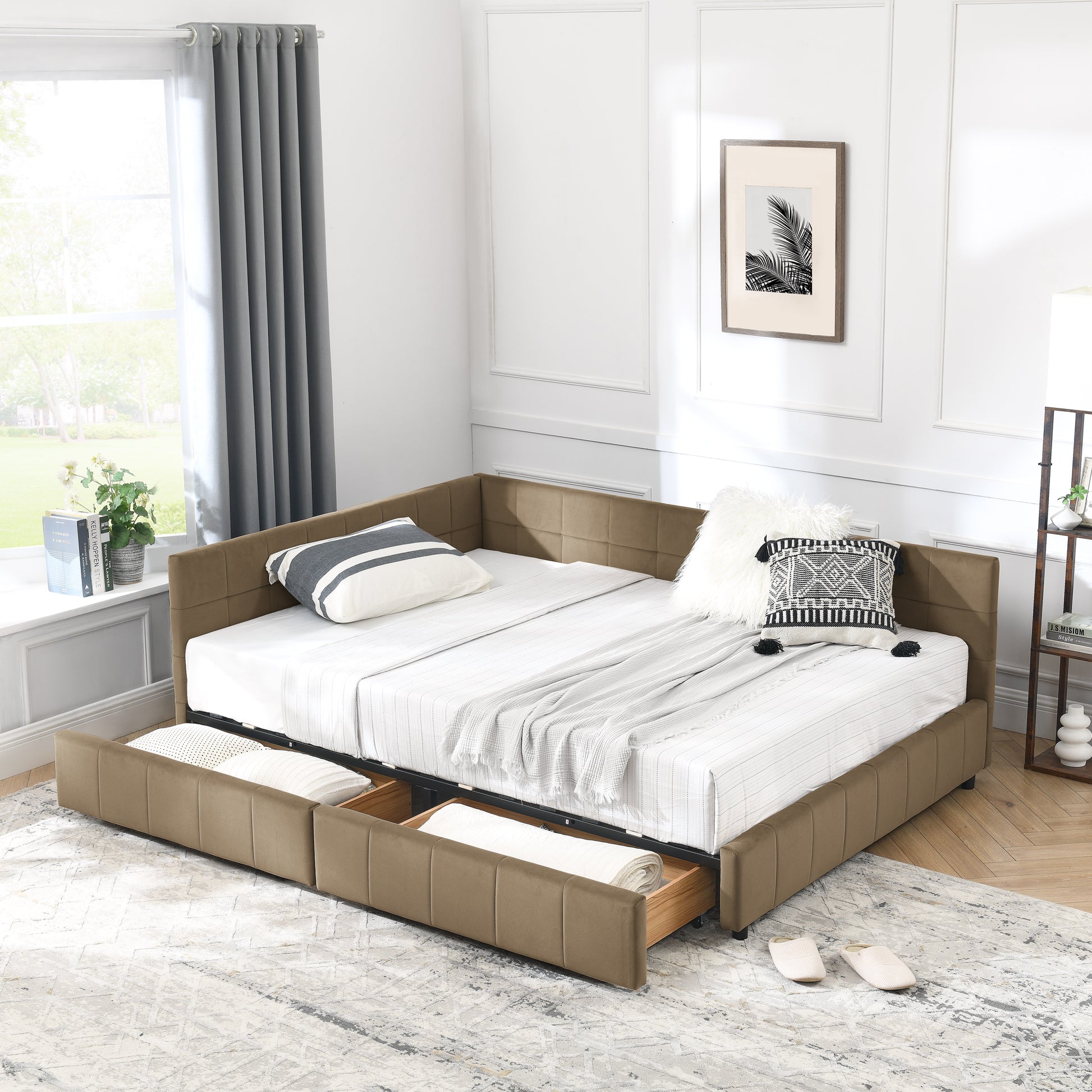 Full Size Storage Upholstered Tufted Bed Frame, Sofa Bed Frame With Comfortable Backrest And Armrests, Full Size Bed For Bedroom, Living Room,Velvet, BROWN 80.5x59x29.5