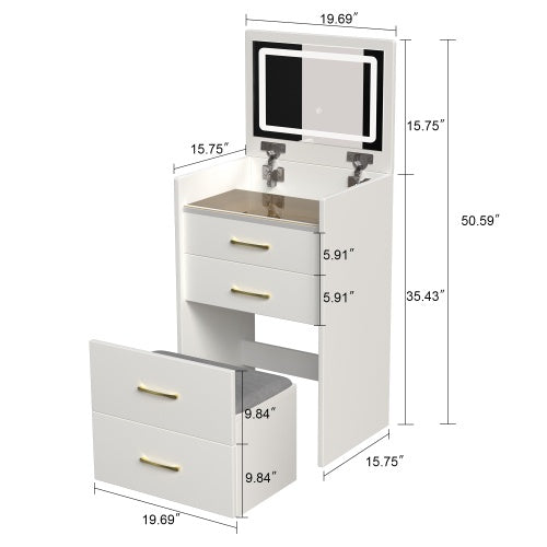 3 In 1 Vanity Desk With Open Top Mirror,Small Make Up Vanity Set With Visible Glass Desktop,Compact Makeup Vanity With 3 Drawers,Dressing Table For Bedroom - CJDS
