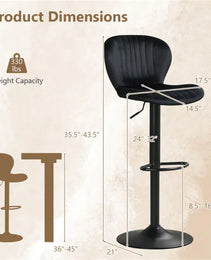 2-Pack Adjustable Height Bar Stools With 360° Swivel, Dutch Velvet Upholstered Bar Chai - Black