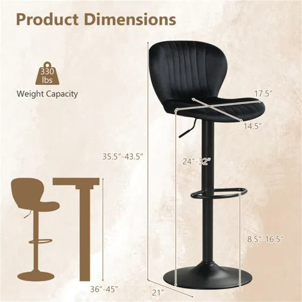 2-Pack Adjustable Height Bar Stools With 360° Swivel, Dutch Velvet Upholstered Bar Chai - Black