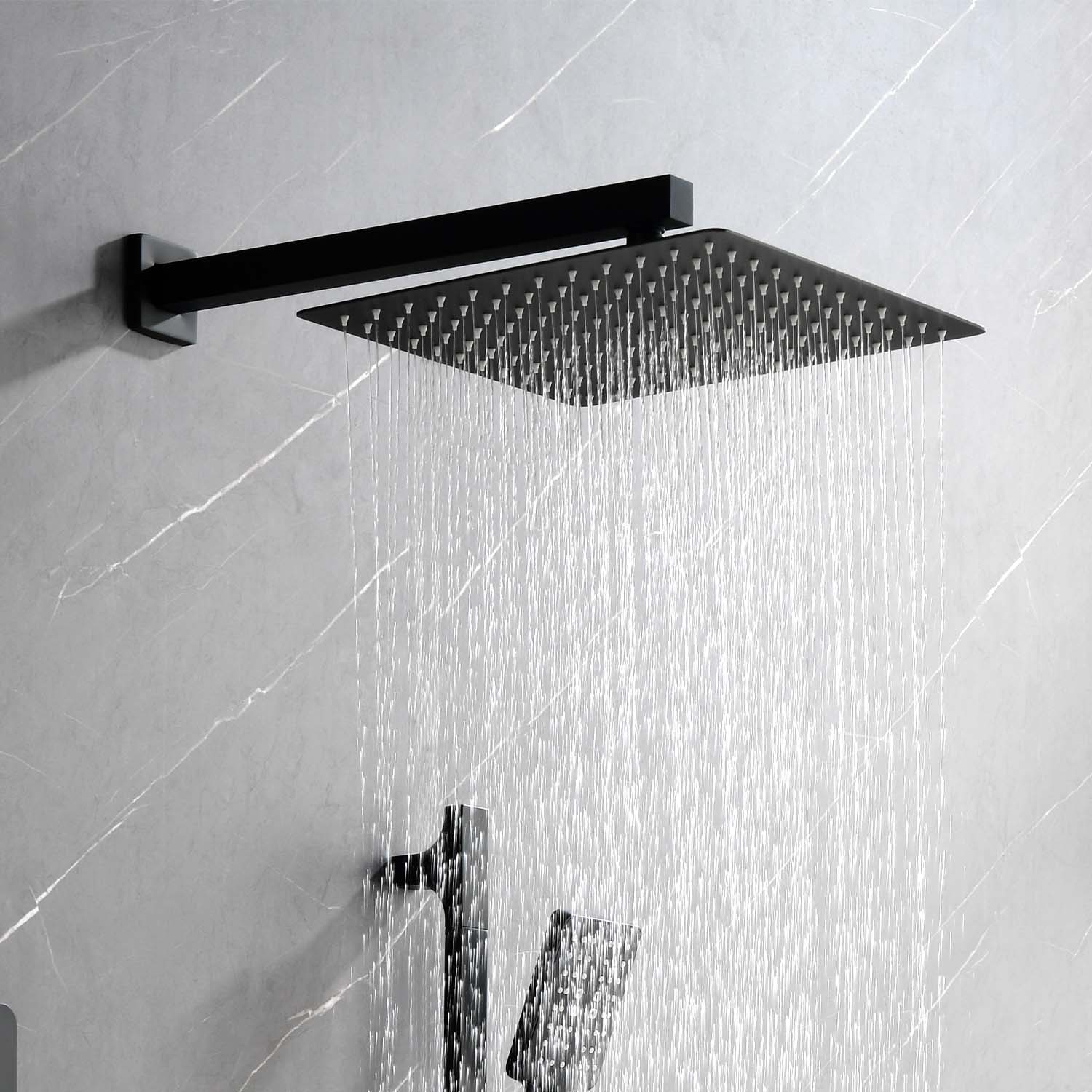Shower System With Shower Head, Hand Shower, Slide Bar, Bodysprays, Shower Arm, Hose, Valve Trim, And Lever Handles