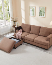 86'' L Shaped Couch With Armrest Organizer,3 Seats Sofas With Movable Ottoman,Comfy Sectional Sofa With Thick Cushion,Linen Sectional Couches For Living Room,Bedroom,Apartment,Brown