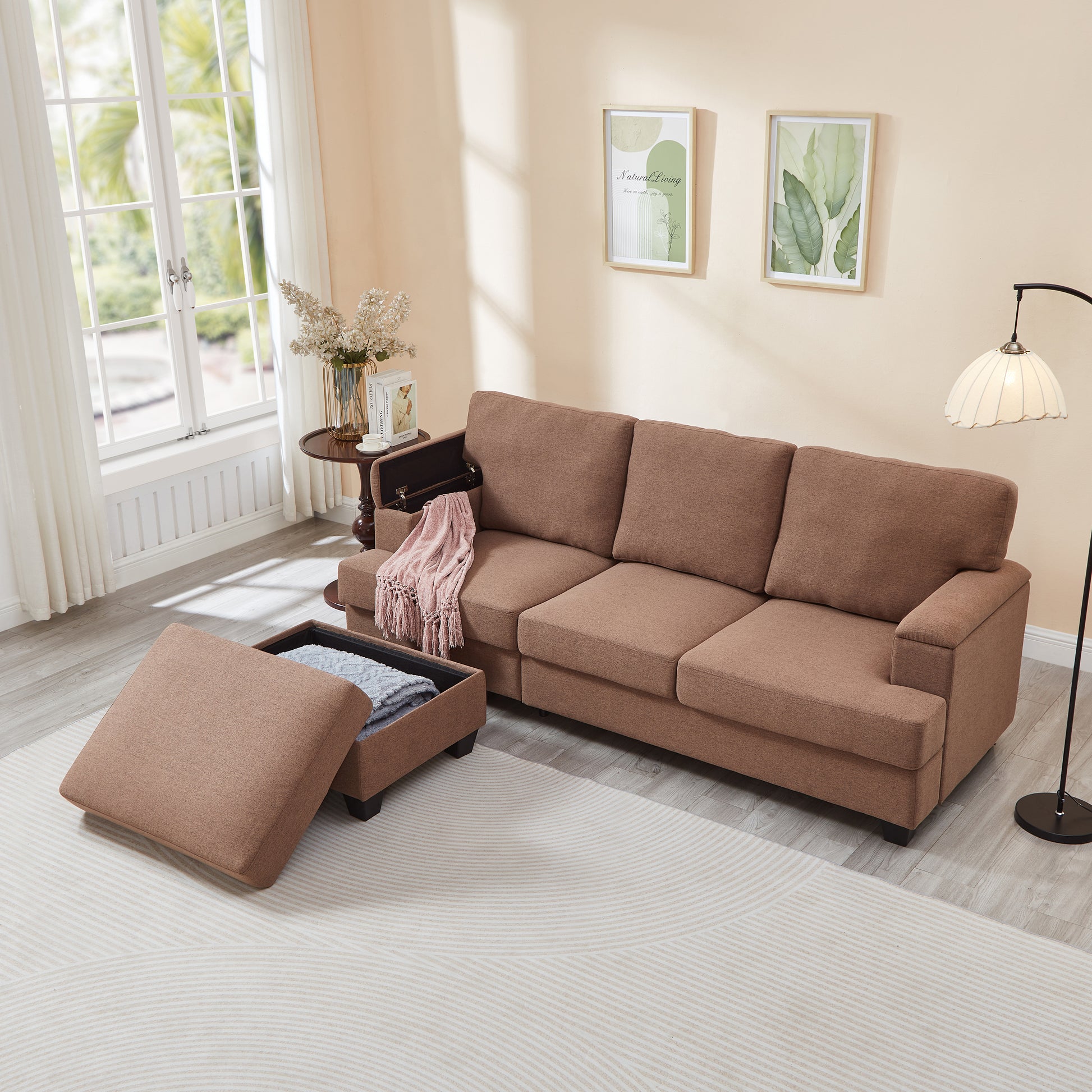 86'' L Shaped Couch With Armrest Organizer,3 Seats Sofas With Movable Ottoman,Comfy Sectional Sofa With Thick Cushion,Linen Sectional Couches For Living Room,Bedroom,Apartment,Brown