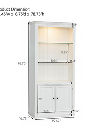 78.75 H 4-Tier Display Shelf, With 5-Colors Dimmable Ceiling Light, Freestanding Farmhouse Bookcases With Storage & Doors, Bookshelf With Adjustable Glass Shelves For Home & Office - White