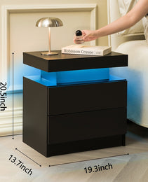 Nightstand LED Bedside Table Cabinet Lights Modern End Side With 2 Drawers For Bedroom Black