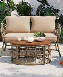 GO Bohemia-inspired 4-Person Outdoor Seating Group With Removable Cushions, Conversation Patio Set With Wood Tabletop, Beige