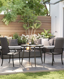 Set of 2 Outdoor Wicker Dining Chairs with Armrest, Steel Frame, High Back and Deep Seating, Brown