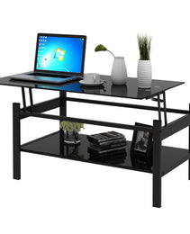 Glass Lift Top Coffee Table, Modern Simple 2-Layer Tempered Glass Coffee Table For Living Room, Black