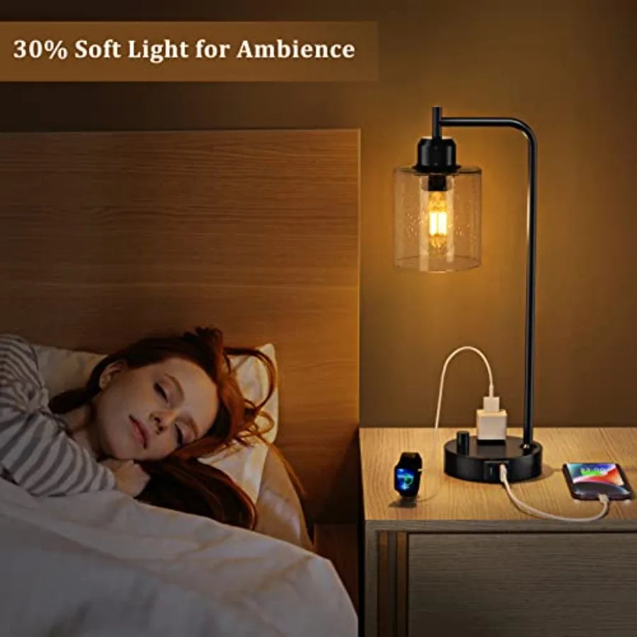 Industrial Bedside Table Lamp for Bedroom - Nightstand Lamps with USB C Charging Port, Fully Dimmable Black Ports and Outlets,