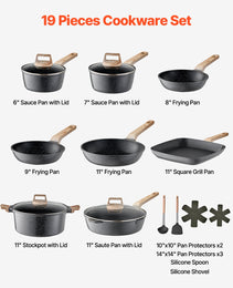 19 Piece Pots And Pans Set Granite Nonstick Kitchen Cookware Induction Black