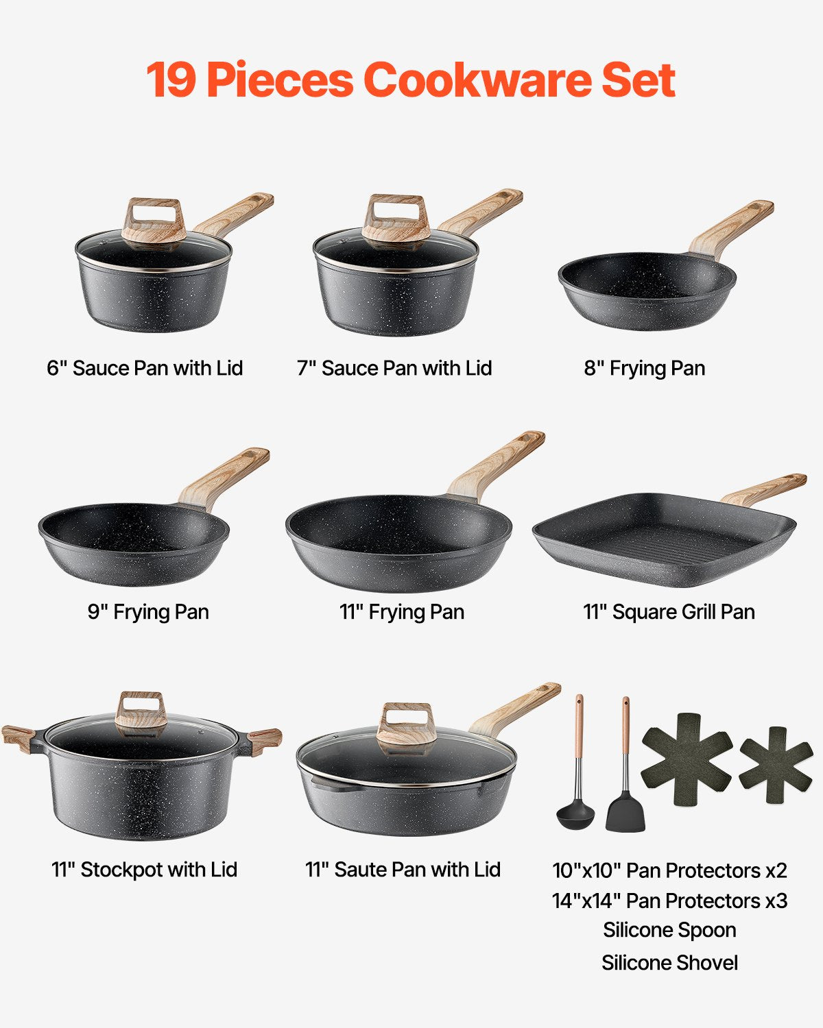19 Piece Pots And Pans Set Granite Nonstick Kitchen Cookware Induction Black
