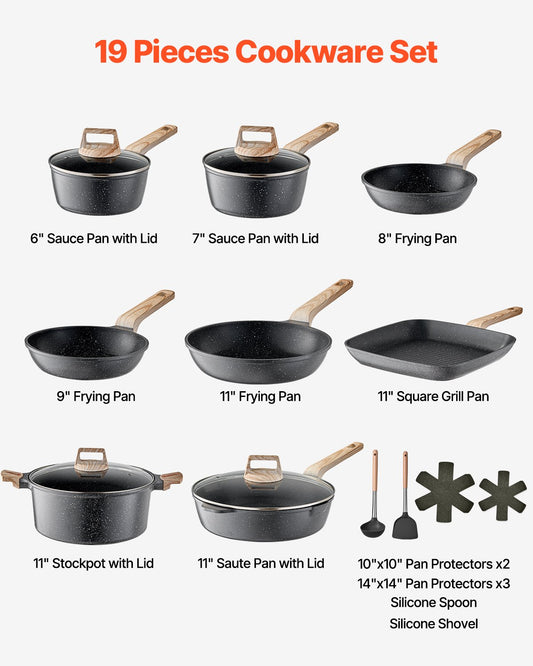 19 Piece Pots And Pans Set Granite Nonstick Kitchen Cookware Induction Black