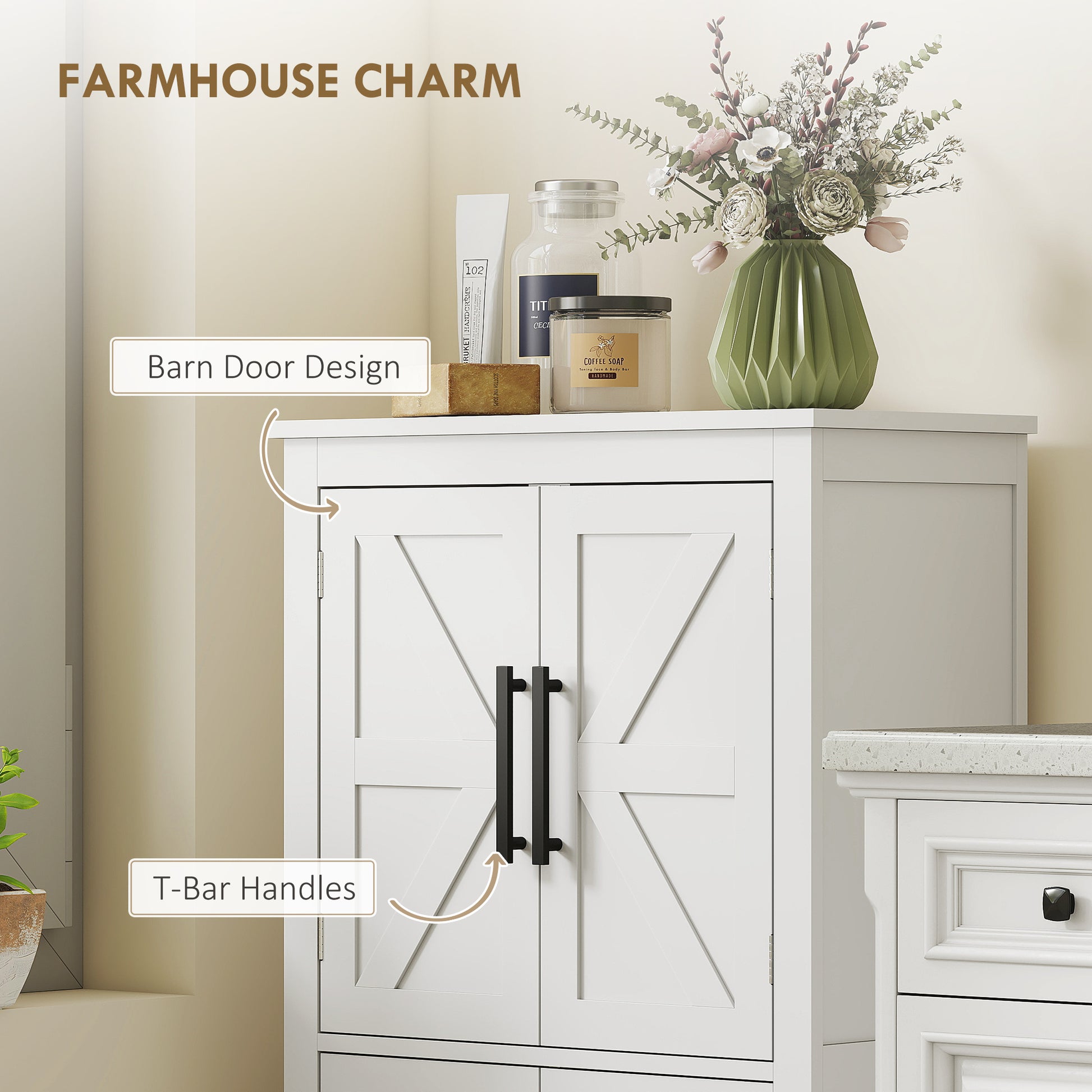 Bathroom Floor Storage Cabinet, Farmhouse Bathroom Cabinet with 4 Doors and Adjustable Shelf, White