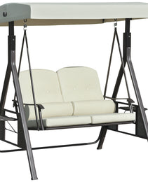 2-Person Patio Swing Bench with Adjustable Shade Canopy, Soft Cushions, Throw Pillows and Tray, Beige.