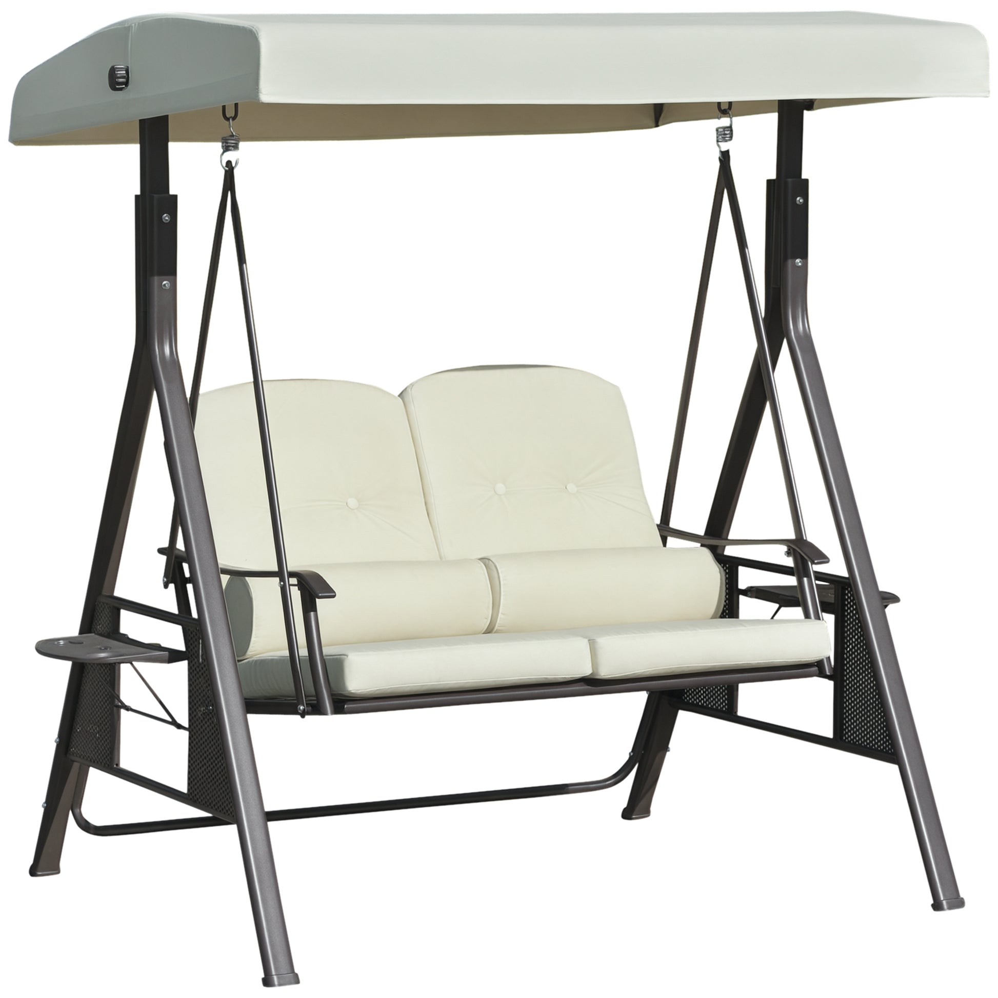 2-Person Patio Swing Bench with Adjustable Shade Canopy, Soft Cushions, Throw Pillows and Tray, Beige.