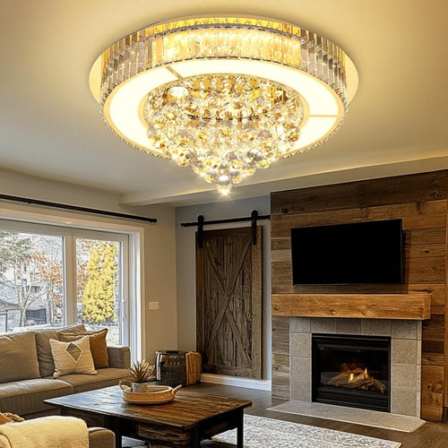 24" Modern Crystal Dimmable Chandeliers for Living Room LED Chandeliers Flush Mount Ceiling Light Fixture Dining Room Bedrooms Gold